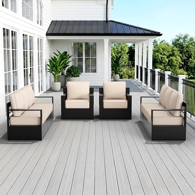 Outdoor Patio Furniture Set, 4-Piece Aluminum Patio Conversation Set All-Weather Metal Outdoor Sectional with 6 Inch Thick Cushions, Deep Setting for Garden, Outside and Porch, Beige