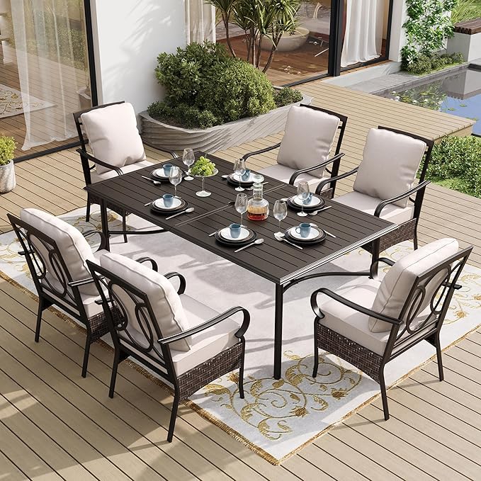 SUNSHINE VALLEY 7 Piece Patio Dining Sets for 6, Outdoor Table and Chairs with Cushioned Wicker Patio Dining Chairs & Black Dining Table (1.57-1.9”Umbrella Hole), Outdoor Dining Sets for Lawn Backyard