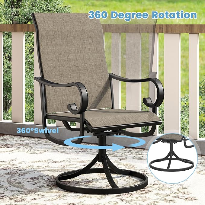 DIFY 7 Pieces Outdoor Dining Set for 6, Outdoor Furniture Set of 6 Brown Textilene Swivel Patio Chairs, 50" Walnut Round Metal Dining Table with Umbrella Hole, for Garden Deck Backyard