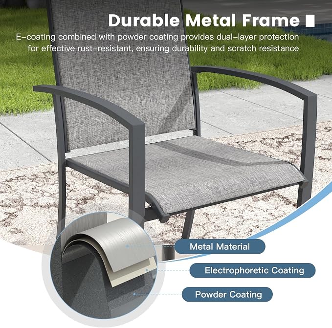 DIFY 5 Pieces Outdoor Dining Set, Metal Patio Table and Chairs Set for 4 with Umbrella Hole, 40.2" Square Dining Table and Textilene Stackable Patio Chairs for Garden Backyard Poolside, Grey Wood-Like