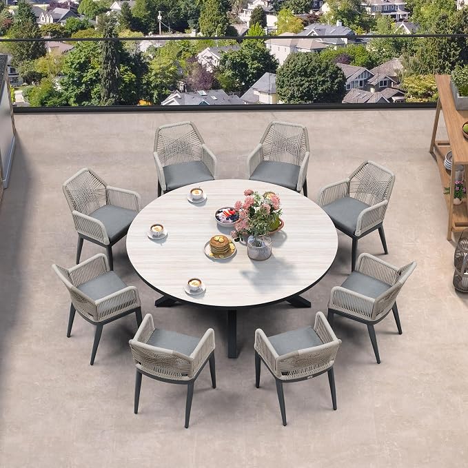 PURPLE LEAF 9 Pieces Patio Round Dining Set Aluminum Round Table and Rattan Arm Chairs with Cushions for Kitchen Porch Garden Modern Outdoor Furniture Sets, Beige and Dark Grey