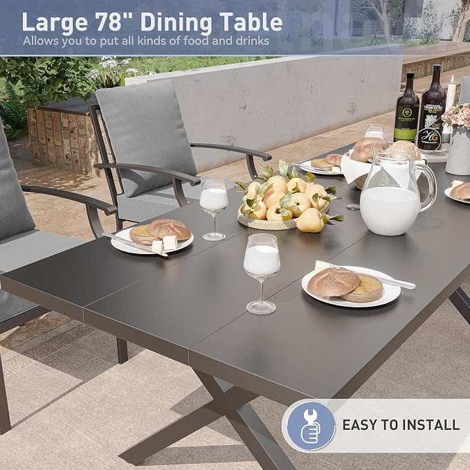 Kurapika 9 Pieces Patio Dining Set Outdoor Furniture with 8 Fixed Chairs, Metal Patio Furniture Set 8 Chairs and Large Table with Umbrella Cutout for Yard Porch, Grey