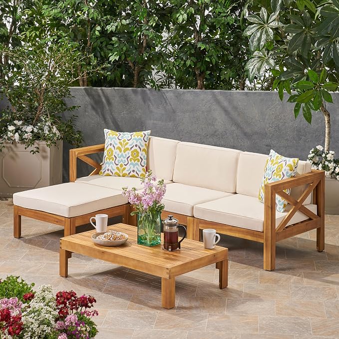 Merax Patio Furniture Set L-Shape Sofa with Table and Cushions for 3-Person, Acacia Wood Outdoor Conversation Set for Patio Deck Backyard Poolside (Beige)
