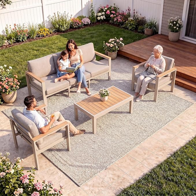 5-Seater Aluminum Patio Furniture Set, Outdoor Patio Conversation Set with 2 Chairs+3-Seat Sofa+Coffee Table, 1.5mm Thick Weather Resistant Frame, Removable Waterproof Cushions for Balcony Backyard
