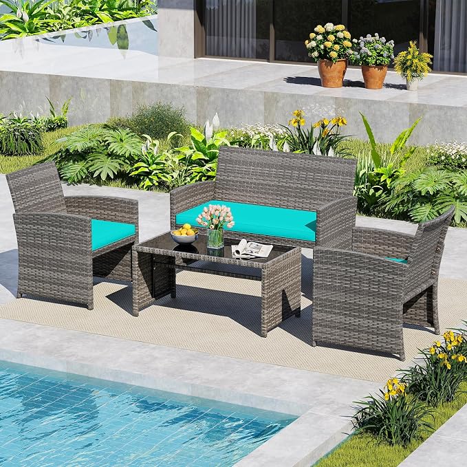 HAPPYGRILL 4 Piece Rattan Wicker Patio Conversation Set, Outdoor Furniture with Chair Loveseat Table & Cushion, for Backyard Porch Balcony (1, Turquoise)