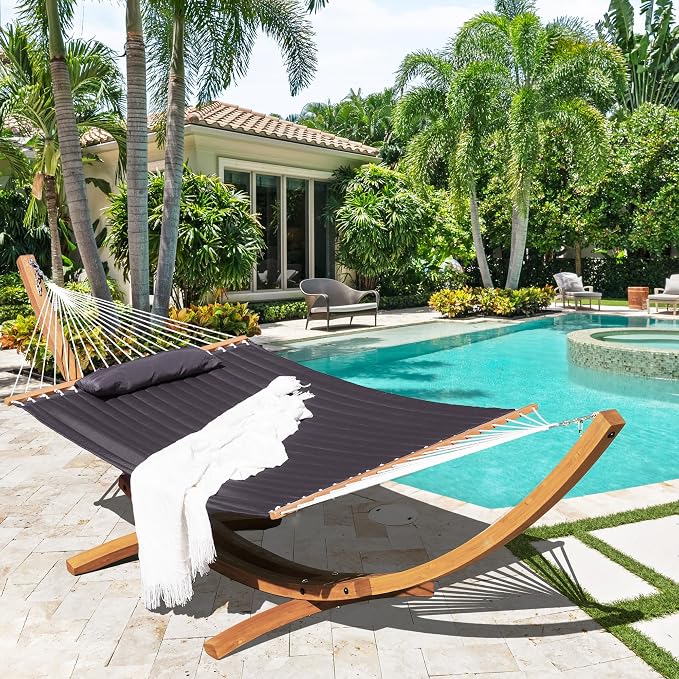 Lazy Daze Hammocks 12 FT Double Quilted Fabric Hammock and 13 FT Natural Wood Arc Stand, with Spreader Bar, Removable Pillow, 2 Person Hammock for Poolside Outdoor Patio, 450 lbs Capacity, Dark Gray