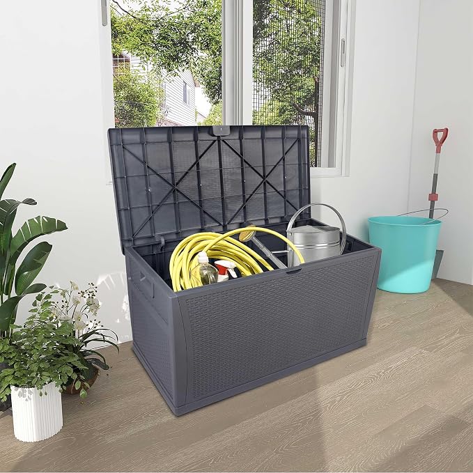 120 Gallon Outdoor Storage Box with Lockable Lid, Weather Resistant Design, Storage Bin Delivery Box for Storing Outdoor Cushions, and Tools, Durable Resin Construction, Deck Boxes Container