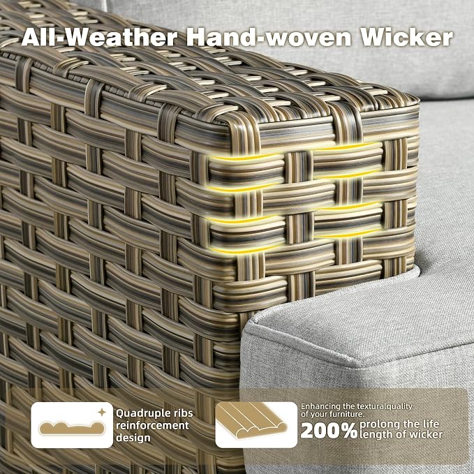 CAODOC Patio Furniture Sets 12 Pieces Outdoor Sectional Rattan Sofa Manual Weaving Wicker Patio Conversation Set with Ottomans and T Cushion(Grey)