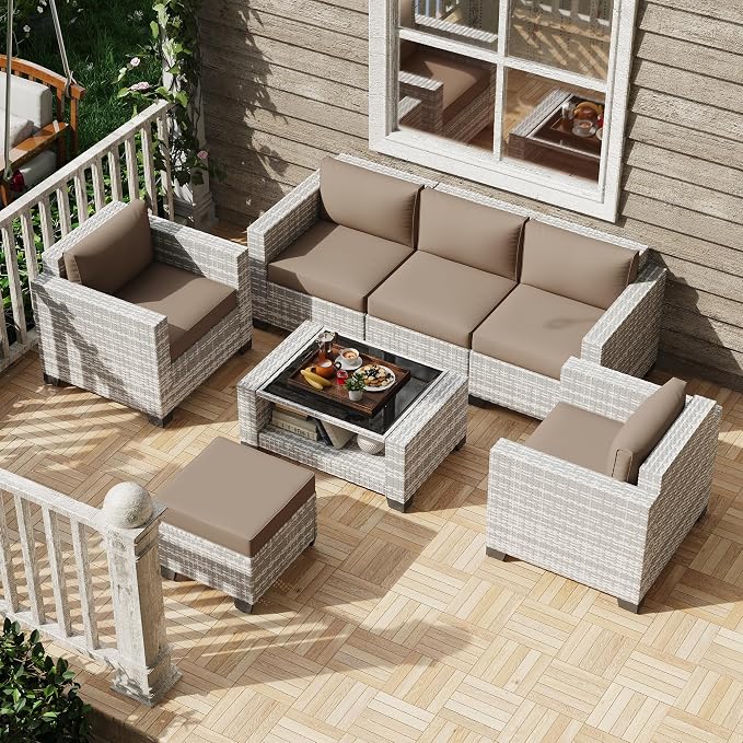 KIGOTY Patio Furniture Set 7 PCS Patio Conversation Sets, All-Weather PE Rattan Outdoor Sectional Sofa with Cushion and 2- Tier Glass Coffee Table（Grey White/Camel）
