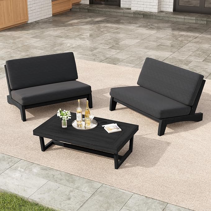 3 Pieces Patio Furniture Sets, All-Weather Outdoor Wood Bistro Set Patio Conversation Coffee Table Chiars and Patio Loveseat for Balcony, Backyard