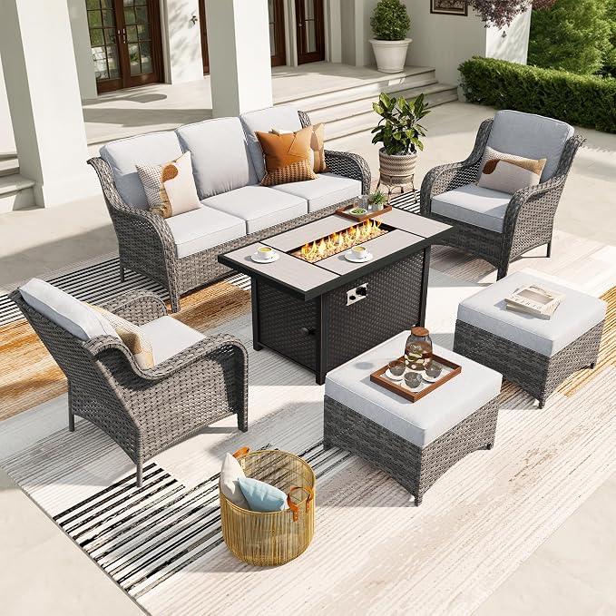 ovios 6-Pieces Patio Furniture Set with 42" Fire Pit Table, Outdoor Wicker Sofa Couch Ottomans Comfy Cushions, High Back Modern Conversation Set, Grey Rattan, Grey