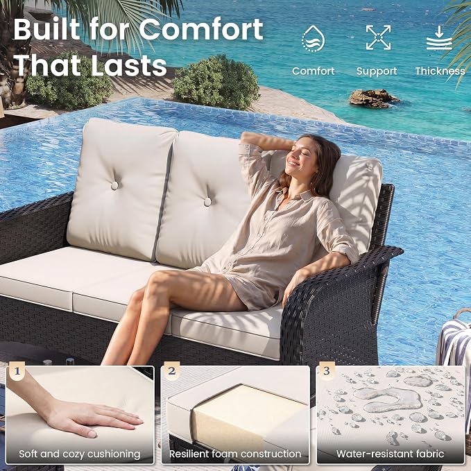 UDPATIO Patio Furniture Set with 44" Fire Pit Table, High Back 2 Swivel Rocker Chairs, Wicker Outdoor Conversation Sets with Thick Cushions & Ottoman, for Garden, Porch
