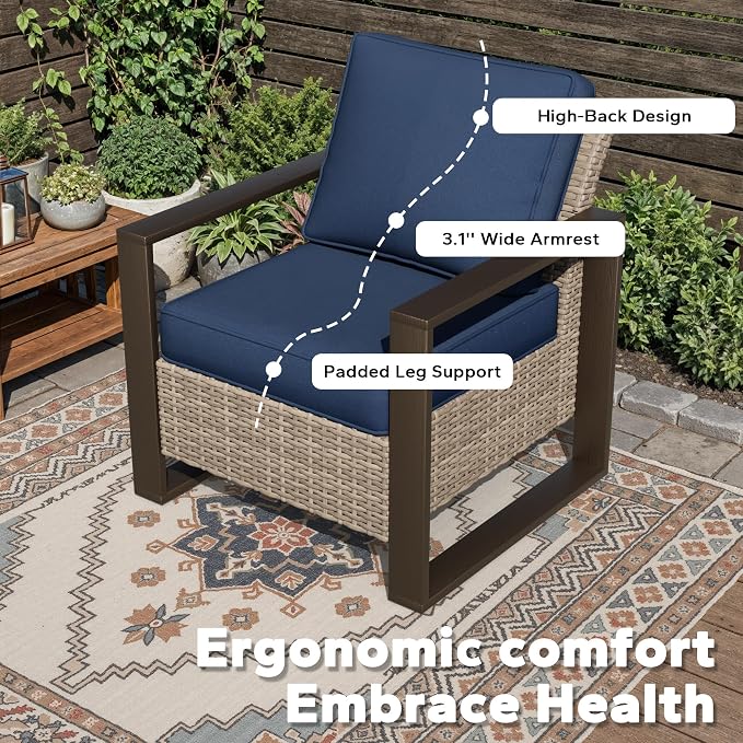 Joyside Outdoor Patio Chairs, 8 Pieces Wicker Rattan Furniture Set, 4 Patio Chairs, 1 Sofa, 2 Ottoman and 1 Table, Metal Wide Armrest, Thick Cushions and Deep Seating for Garden, Backyard, Porch
