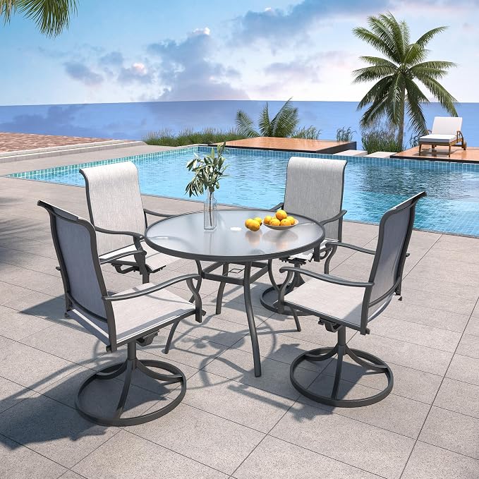 4 Person Grey Patio Swivel Rocker Chair and 40" Glass Round Table Set Sty1 | 4 Piece Swivel Chairs: High Back, Retro Armrest, Textilene Fabric, Rocking; 40 inch Round Table: Glass Top; All Weather