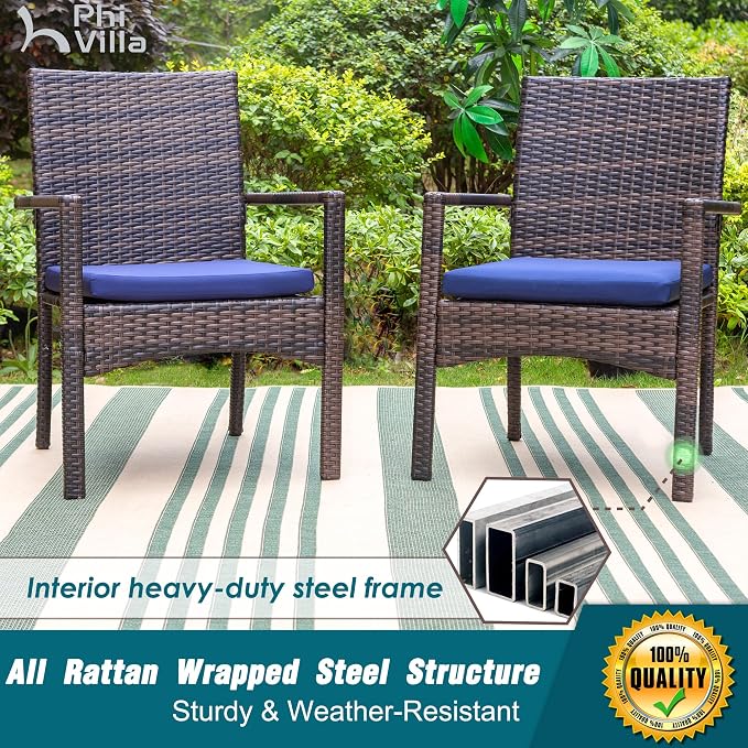 PHI VILLA Outdoor 7 Pieces Expandable Cast Aluminum Dining Set for 6, Extendable Metal Table with Umbrella Hole & Cushioned Wicker Chairs, Dining Furniture Set for Patio, Deck, Yard and Porch