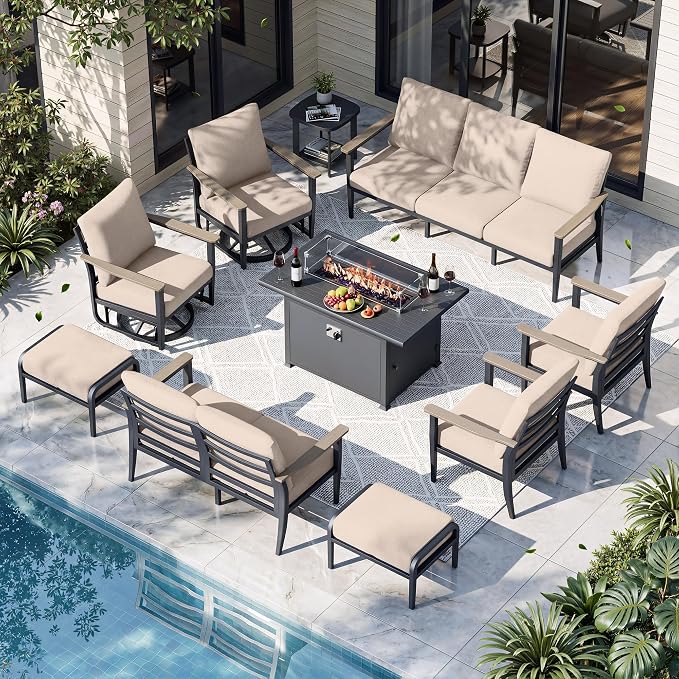 Aluminum Outdoor Patio Furniture Set with Swivel Rocking Chairs 11-Seat, Patio Sectional Sofa with Ottomans Patio Conversation Set with 55,000 BTU Fire Pit Table & High Backrest, Sand