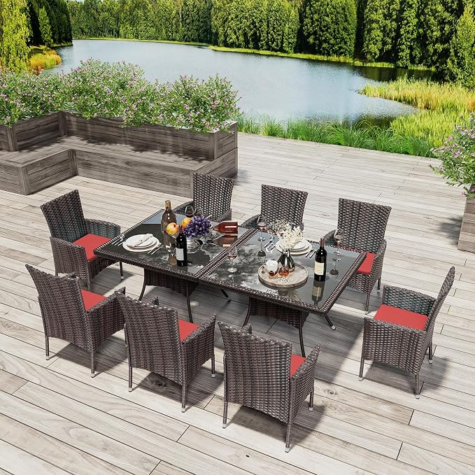 10 Pieces Outdoor Patio Dining Set,Patio Table and Chairs Rattan Outdoor Patio Furniture Set with Umbrella Hole,Dining Table Set for 8 with Chairs for Backyard,Garden and Kitchen,Red