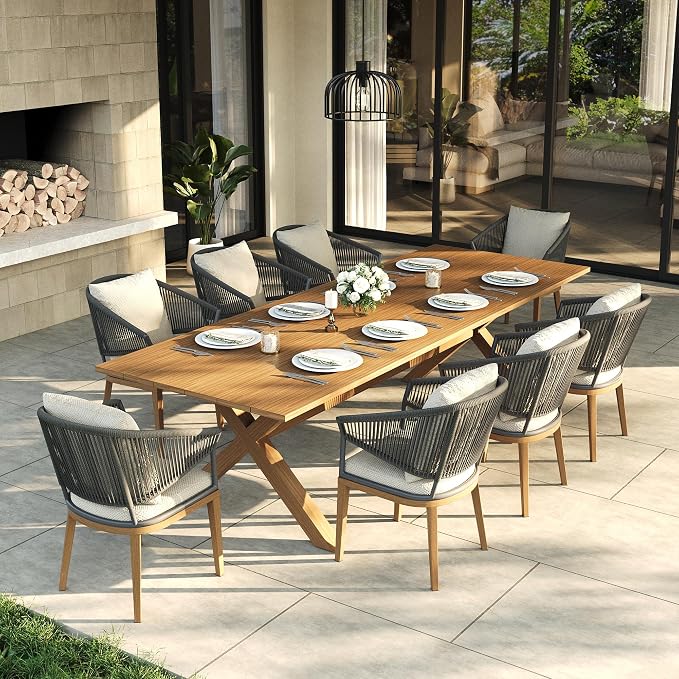 LayinSun 9 Piece Outdoor Dining Table Set, Aluminum Modern Rectangular Dining Table and All-Weather Wicker Chairs Set for Patio Deck Indoor Decor Kitchen