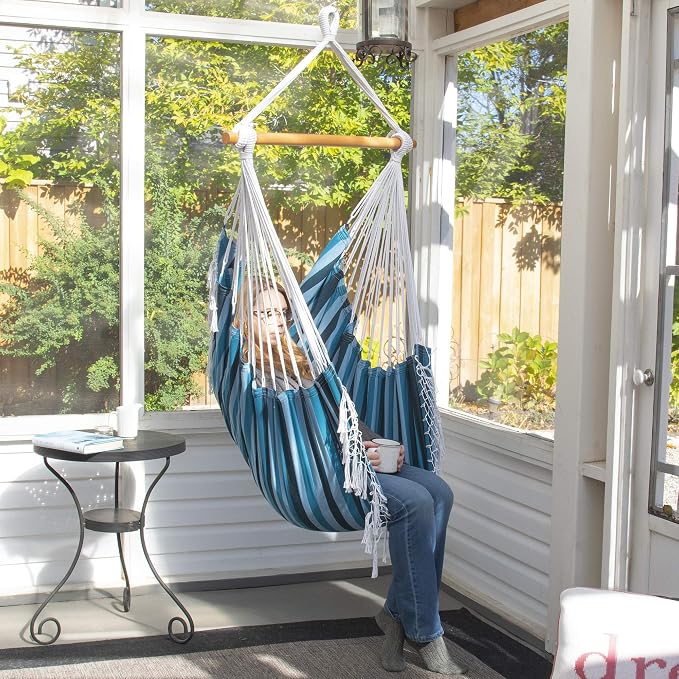 Vivere Cotton Hammock Chair with Hardwood Spreader Bar - 250 lb Capacity (Blue Lagoon)