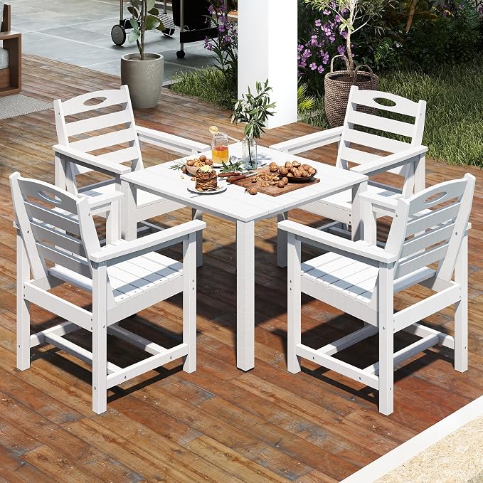 Domi HDPE Outdoor Dining Set, All-Weather Outdoor Dining Table Set of 5 with 2" Umbrella Hole, Outdoor Patio Dining Set for Garden, Poolside, Backyard, Deck, White