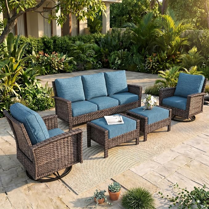 HERA'S HOUSE Patio Furniture Set, 5 Pieces Outdoor Seating Set, 35" High Back Swivel Chairs with 5.5" Thick Cushions, Brown Wicker Conversation Set with Ottomans for Deck Lawn Yard, Peacock Blue