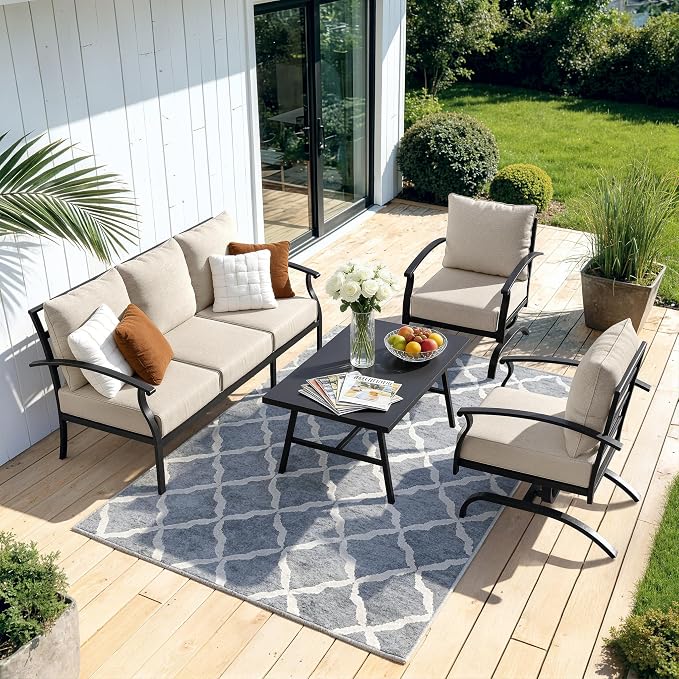 Kullavik Patio Furniture Set,2 Piece Metal Outdoor Patio Furniture Set,All Weather Modern Patio Conversation Sets w/3 Seater Sofa and Coffee Table for Balcony Deck,Sand