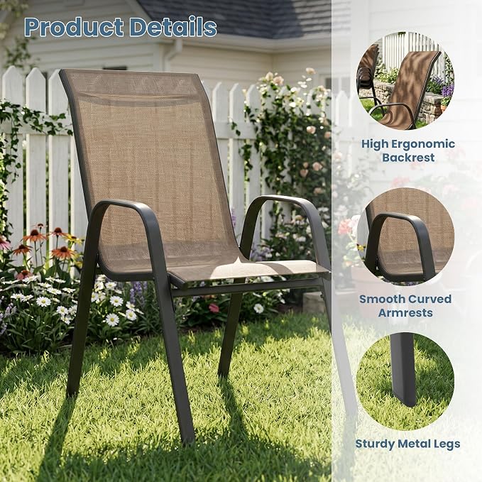 DIFY 9 Piece Outdoor Dining Set, 53" Walnut Round Metal Patio Table and Brown Textilene Stackable Chairs for 8, All Weather Patio Furniture Set with Umbrella Hole for Backyard Garden Deck