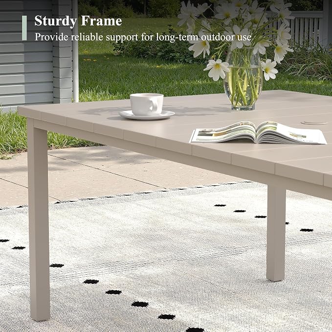 Outdoor Dining Set for 6, 63" Metal Outdoor Dining Table with Umbrella Hole and Sling Patio Swivel Chairs, 7 Pieces Patio Table and Chairs Set for Garden Backyard, Sandshell