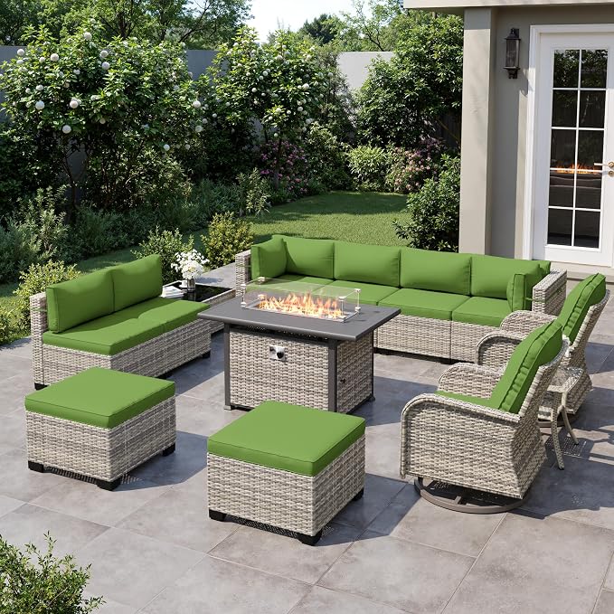 13-Piece Outdoor Patio Furniture Set with Rocking Swivel Chair, Wicker Rattan Sectional Sofa Conversation Set with 55,000 BTU Fire Pit Table with Ottomans, Backyard Furniture, Avocado Green