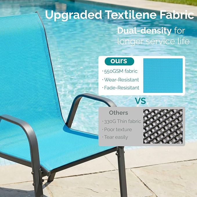 MAMIZO 7 Pieces Patio Dining Set for 6, Outdoor Table and Chairs w/Rectangle Glass Table and 6 Textilene Stackable Chairs, Patio Furniture Set w/1.69" Umbrella Hole (Black Table & Sky Blue Chair)