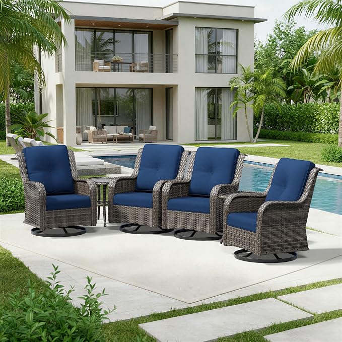 Joyside 6 Piece Wicker Patio Furniture Set, Outdoor Swivel Rocker Patio Chairs with High Back, Deep Seating, Wide Armrest, Thickened Cushions, Outdoor Furniture for Deck, Porch Use
