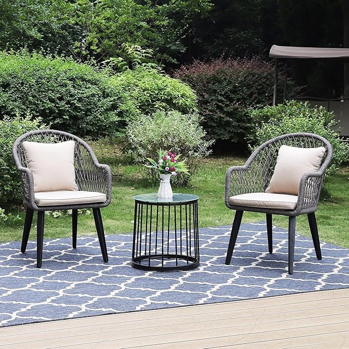 PHI VILLA 3-Piece Patio Conversation Bistro Chat Set All-Weather Wicker Outdoor Furniture for Small Patio, Porch, Balcony w/ 2 Wide Ergonomic Chairs, Glass Top Side Table (Grey)