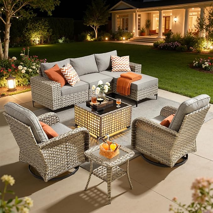 HOOOWOOO 8 Pieces Patio Furniture Set,L Shaped Outdoor Sectional Couch with Swivel Chiars Solar Table, PE Wicker All Weather Outside Conversation Sofa Ottoman Set,Charcoal Gray
