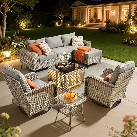 HOOOWOOO 8 Pieces Patio Furniture Set,L Shaped Outdoor Sectional Couch with Swivel Chiars Solar Table, PE Wicker All Weather Outside Conversation Sofa Ottoman Set,Charcoal Gray