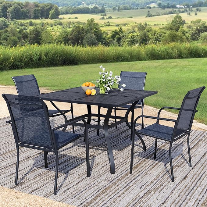 5-Piece Outdoor Dining Set, Square Metal Table with Dark Blue Chairs, Black Patio Table with Umbrella Hole for Garden, Yard, Patio