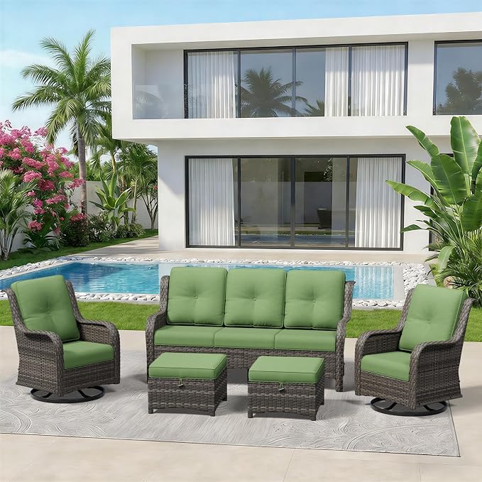 5 Piece Outdoor Wicker Patio Furniture Set, Outdoor Swivel Rocker Patio Chairs Set with Thickened Olefin Cushions, High Back and Deep Seating, Hand-Woven PE Rattan for Porch, Deck