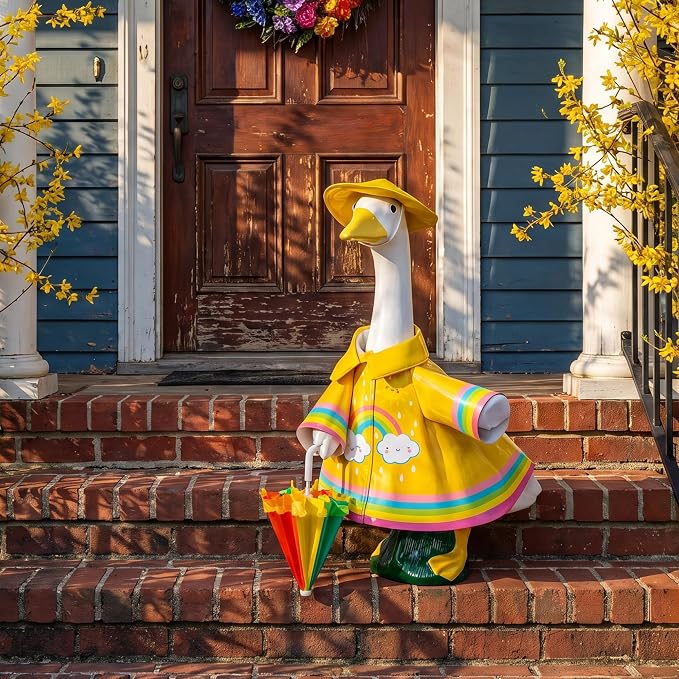 DECOHS 3 Pcs/Set Raincoat Porch Goose Outfits, Summer Lawn Goose Statue Raincoat Costume, Yard Goose Clothes Raincoats Umbrella Hat Outfit for 23" Statue Patio Garden Decoration (Yellow Rainbow)