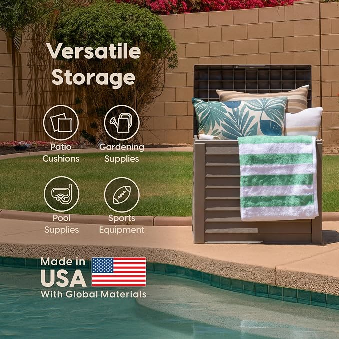 IRIS USA 35-Gallon Outdoor Deck Storage Box, Lockable & UV-Protected, Weather-Resistant Patio Storage for Cushions, Garden Tools & Packages, Waterproof Resin, Durable & Stylish Design - Brown