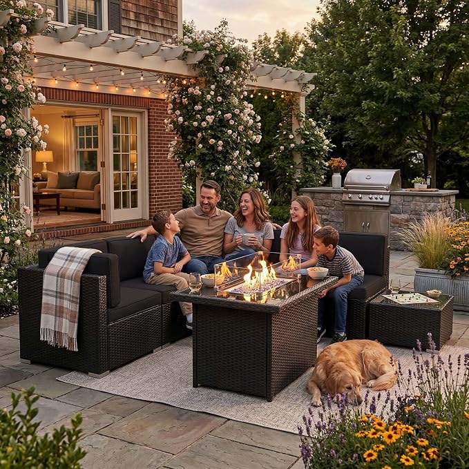 10 Pieces Patio Furniture Set with 44" Propane Gas Fire Pit Table, Outdoor Sectional Wicker Conversation Sofa Sets with Coffee Table