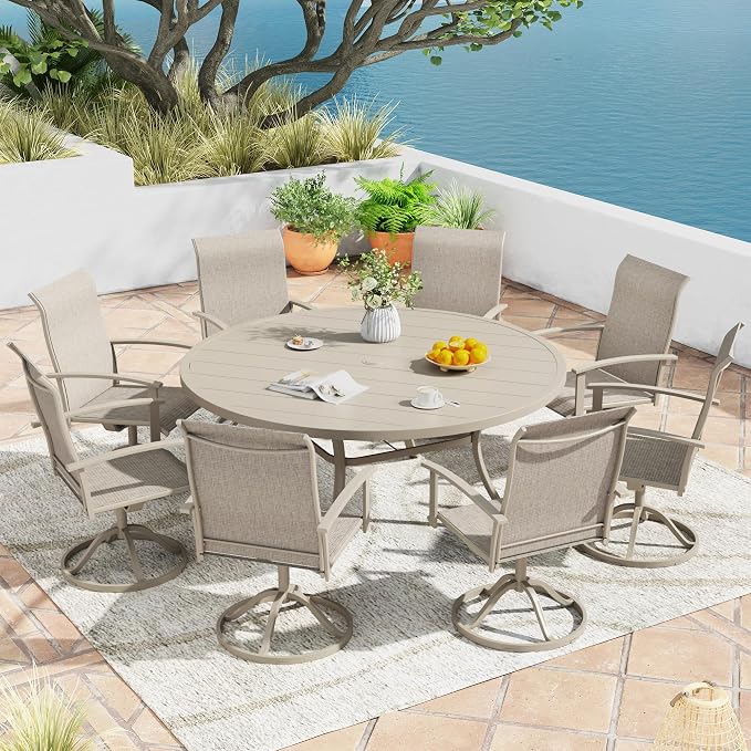 9 Pieces Outdoor Patio Dining Table Set, 60" All Weather Round Metal Table with Umbrella Hole and 8 High Back Textilene Swivel Chairs for Garden, Lawn, Poolside, Sandshell