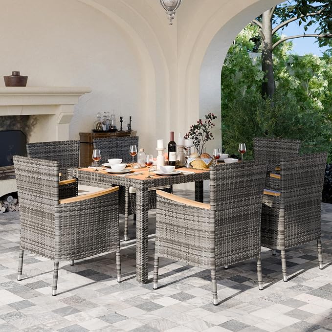 Vongrasig 7 Piece Small Patio Dining Set, Space-Saving Outdoor Wicker Furniture Conversation Set with Wood Table and Cushioned Rattan Chairs for Lawn, Garden, and Backyard (Gray)
