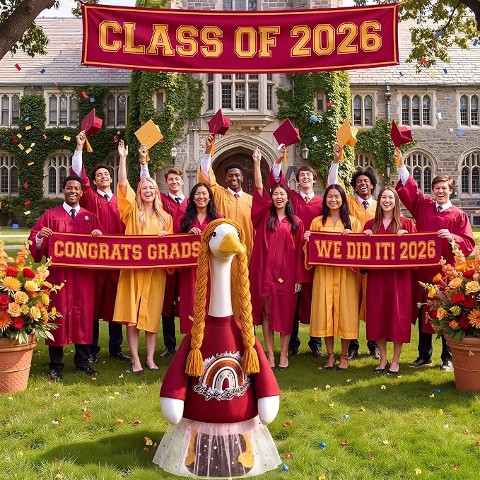 Graduation Porch Goose Outfit 2026, Vintage Senior Portrait Porch Decor, Rainbow Dress with Double Braids for 23" Gooses Statue, Graduation Party Patio Yard Decoration, Grad Gift for Her