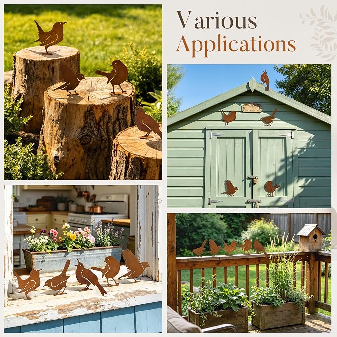RELBRO Rusty Birds Silhouettes Outdoor Decoration, Metal Fence Art, 5 Pcs | 5 Lifelike Bird Silhouettes, Rustic Finish, Vintage Garden Yard Decor for Fence Gate Window Tree Topper