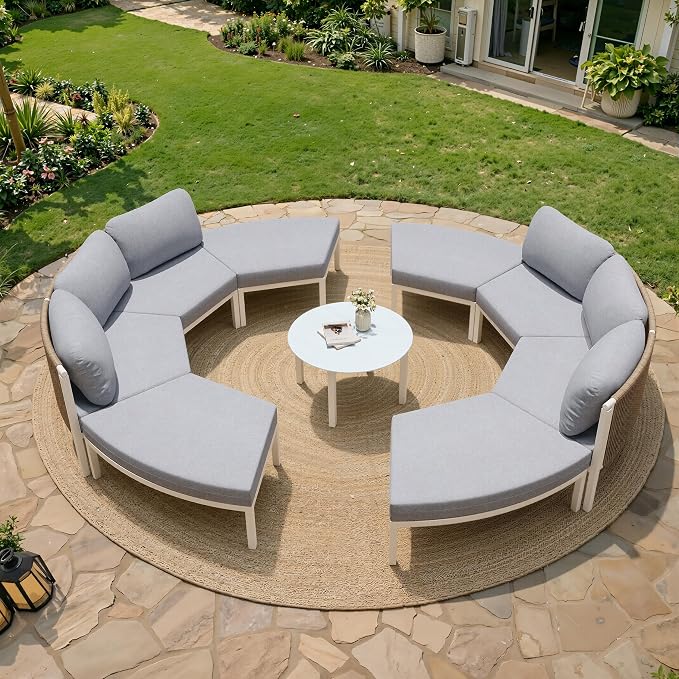 Crestlive Curved Patio Furniture Set, Modular Half Moon 8-Seater Sofa with Round Coffee Table, Aluminum Outdoor Sectional with 4.3" Cushions, All-Weather Couch for Backyard, Deck, Porch, Poolside