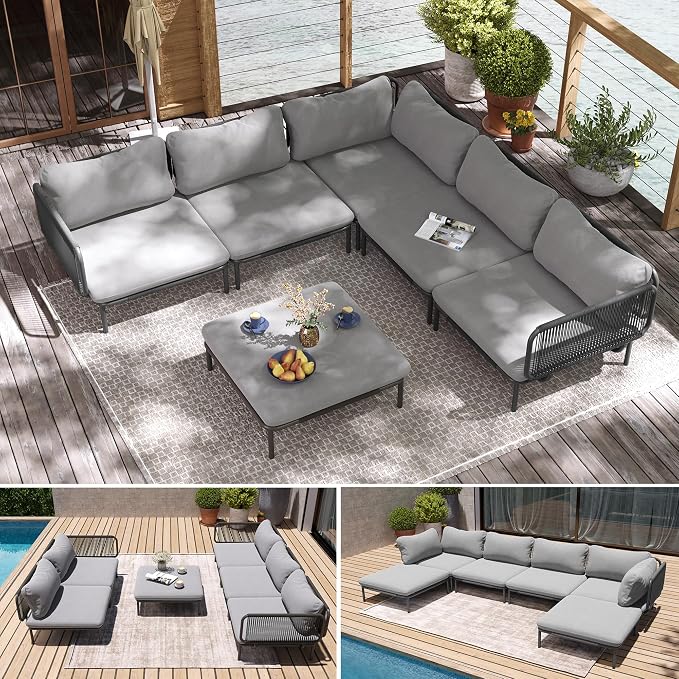 6-Piece Patio Furniture Set, Oversized Outdoor Sectional Sofa with Thick Cushions, Weather-Resistant Metal Frame Conversation Set for Backyard, Garden, Poolside - Dark Grey Cushions