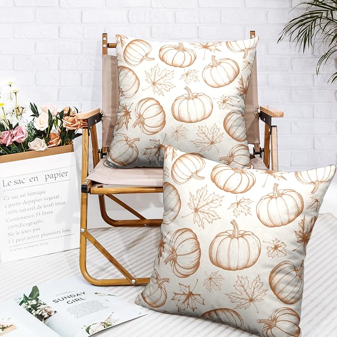 Fall Pumpkin Pillow Covers 24x24 Set of 2 Burnt Orange Cream Maple Leaves Throw Pillow Covers Autumn Pillowcase Thanksgiving Cushion Case for Home Decor Outdoor Sofa