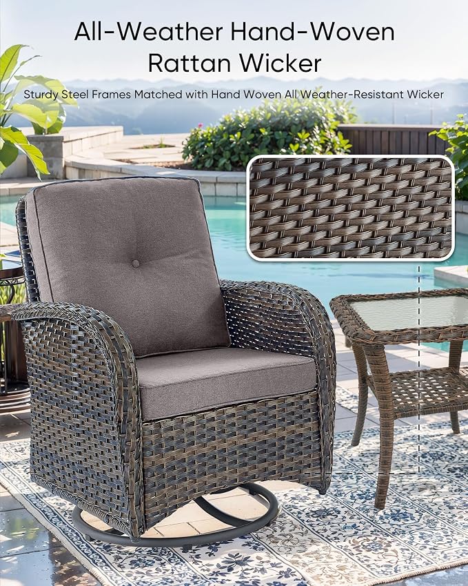 HUMMUH Luxury Patio Furniture Set with High Back Swivel Rocker Chairs & 3 Seater-Couch & Steel Fire Pit Table & Ottomans 7 Pieces Outdoor Conversation Set for Porch,Deck,Backyard
