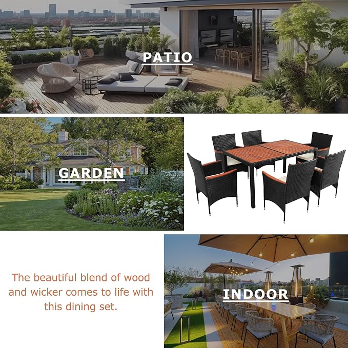 roomfitters 7-Piece Outdoor Patio Dining Set, Garden PE Rattan Wicker Dining Table and Chairs Set, Acacia Wood Tabletop, Stackable Armrest Chairs with Cushions, Reddish-Brown