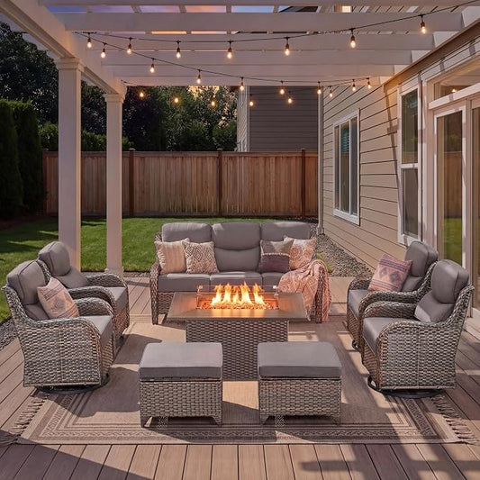 Luxury Patio Furniture Set with Fire Pit Table-8 Pieces All Weather Outdoor Swivel Rocker Chairs with Sofa and Ottomans. Outdoors Patio Conversation Sets for Porch Deck Garden Backyard(Brown/Grey)
