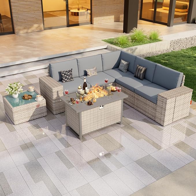 7-Piece Outdoor Patio Furniture Set, Rattan Wicker Conversation Set with Wide Armrests, Outdoor Modular Sectional Couch Seating Group Sofa with Fire Pit for Deck Garden Porch (Gray Cushions)